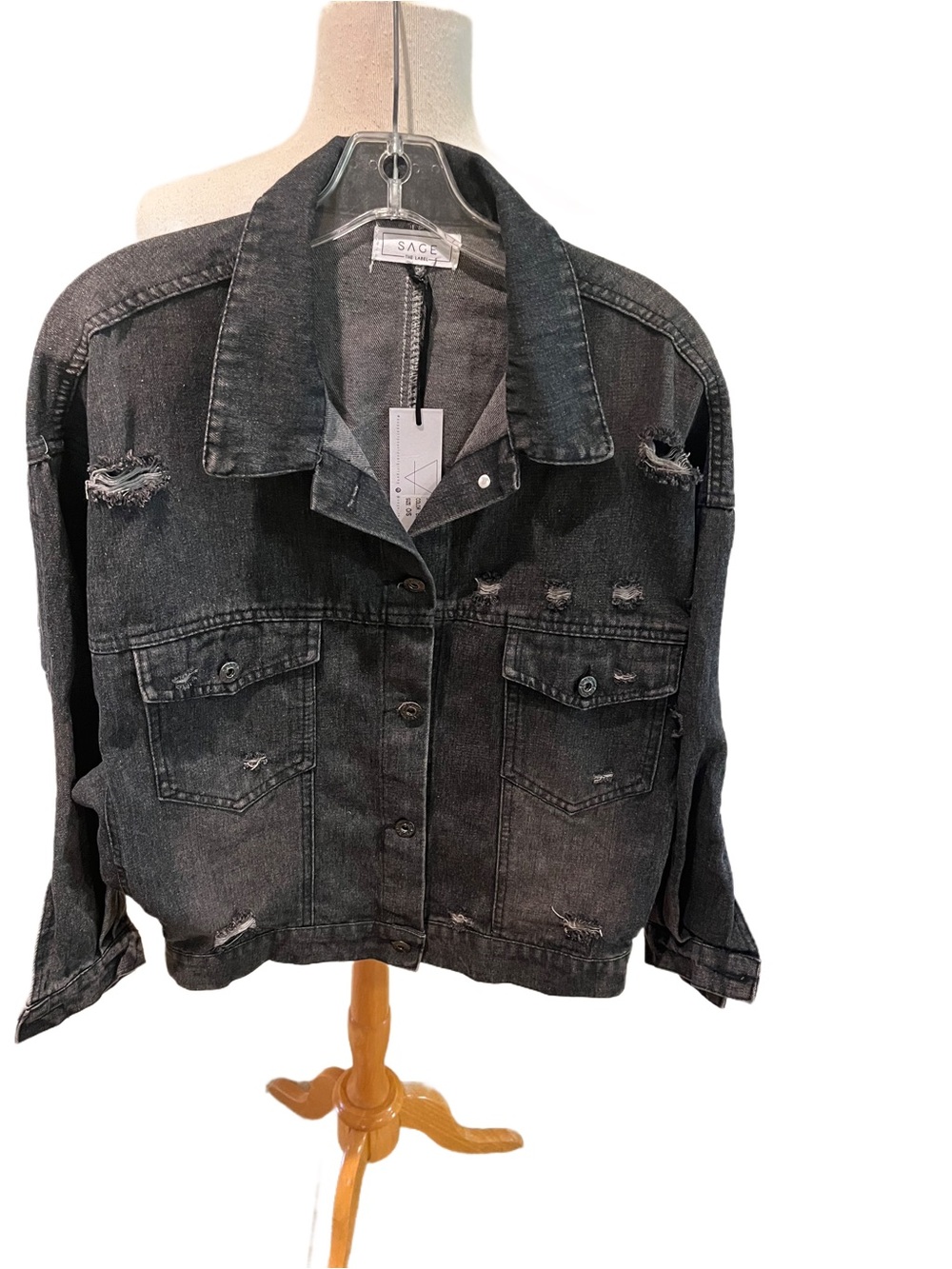 NEW/TAGS Sage The Label Heavy Distressed Washed Denim Jacket Oversized OS